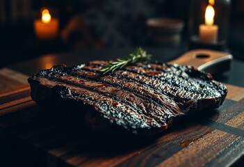 Grilled steak on wooden carving board