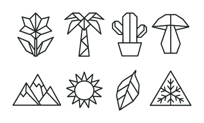 Line style icons of origami nature forms: flower with folds, palm tree origami, folded cactus plant, mushroom top crease, mountain scene folds, sunburst shape, falling leaf form, snowflake in