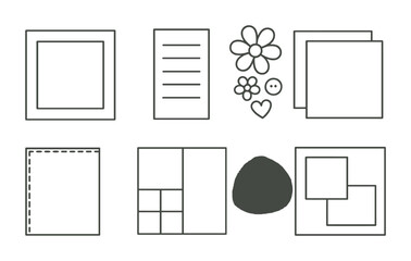 Line style icons of page layout elements: photo frame with mat, journaling block, cluster of embellishments, layered layout template, stitched edge effect, grid for photos + text, arrow flow icon,