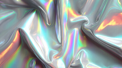 A silver iridescent hologram foil background shimmers with rainbow hues, symbolizing futuristic vision, transformation, illusion, and the beauty of shifting perspectives in a minimal form.
