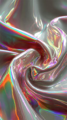 A silver iridescent hologram foil background shimmers with rainbow hues, symbolizing futuristic vision, transformation, illusion, and the beauty of shifting perspectives in a minimal form.
