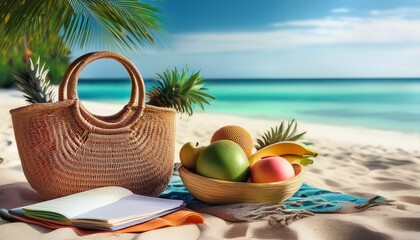 Obraz premium tropical beach scene with rattan bag colorful fruit bowl towel sarong travel sketch journal on soft sand vibrant greenery in the background inviting and serene atmosphere
