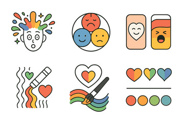 Line style icons of expressive color use: color explosion face, three-tone emotion wheel, gentle vs loud palette, shading emotion with color line, &ldquo;pick your color&rdquo; heart, brushstroke emotion guide,