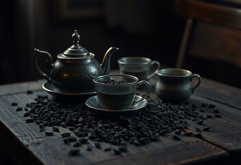 Fototapeta premium Vintage tea set with loose tea leaves in a dark and moody setting