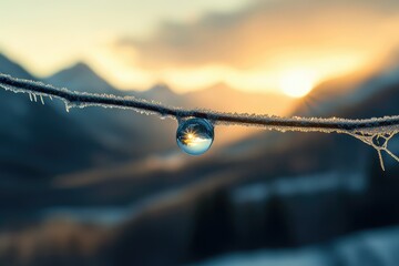 Fototapeta premium A frozen branch holds a glistening water droplet, reflecting a sunrise over distant mountains.