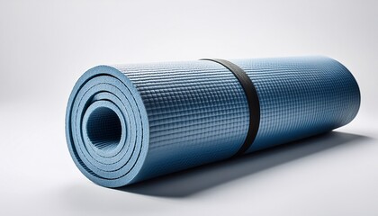 rolled yoga mat on plain white background depicting fitness and wellness concept