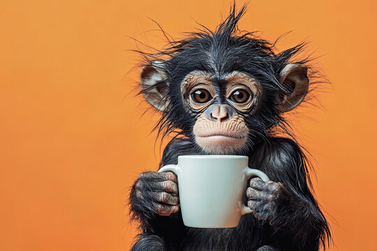 Monkey Holding A Coffee Mug Against a Light Backdrop. Funny, sleepy, tangled-fur monkey clutching a coffee cup&mdash;morning grogginess, caffeine craving, I  hate Mondays concept