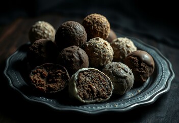 Dark and moody truffle arrangement on a textured metal plate