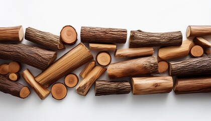short pieces of wood logs forming a horizontal banner isolated on white background ideal for rustic compositions