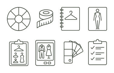 Line style icons of stylist’s essential tools: color wheel, measuring tape, style notebook, body shape chart, outfit planning board, digital tablet with looks, fabric swatch fan, closet evaluation