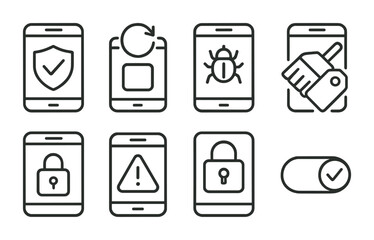 Line style icons of device safety: device scan shield, update notification icon, antivirus symbol, clean cache tag, screen lock icon, suspicious app warning, phone encryption icon, low-risk setting