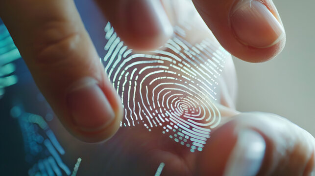 Close up of a hand with a digital fingerprint overlay for security and identification purposes shown