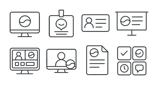 Line style icons of company branding in calls: custom background logo, company greeting badge, namecard template, branded intro slide, brand colors in call frame, watermark on screen, official agenda