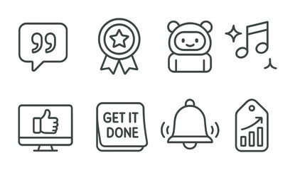 Line style icons of coworking motivation: quote on the wall badge, daily win icon, cowork mascot symbol, vibe + music zone, encouragement screen, “get it done” sticker, celebration bell icon,