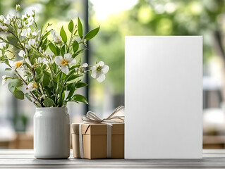 a visually pleasing setup featuring a blank canvas for card mockup, neatly wrapped gift boxes, and a vase with vibrant flowers, perfect for art presentations or celebrations