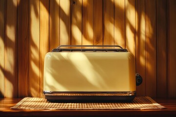 A pastel yellow toaster sits on a woven placemat against a sun-drenched wooden wall.