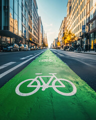  Green urban bike lane with bicycle symbols on city street