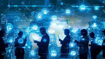 Silhouetted people using devices with glowing network icons and city backdrop in blue tones