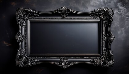 ornate black baroque style picture frame against a dark textured background evoking a gothic elegant and vintage atmosphere