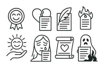 Line style icons of emotional poetry themes: joy in verse badge, heartbreak poem icon, nostalgia feather symbol, anger in lines tag, hope and healing icon, grief in stanzas, love poem scroll, fear