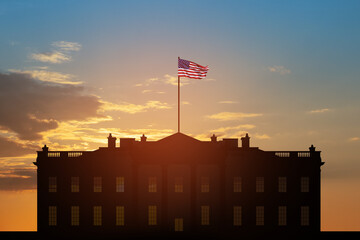 White House frontal view at sunset time, Washington DC, USA.
