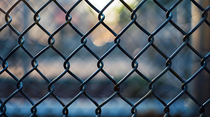 Fototapeta premium A close up view of a metal chain link fence with a blurred background during the daytime outdoors