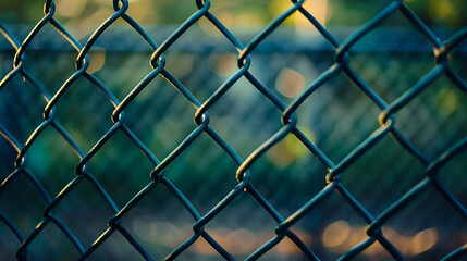Fototapeta premium A close up shot of a chain link fence with a blurred green and brown background in soft focus light