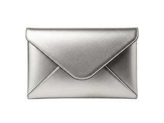 Metallic silver clutch in envelope shape with hidden magnetic closure, isolated on a transparent background, soft even lighting, slight top-front perspective, studio photography style, no branding