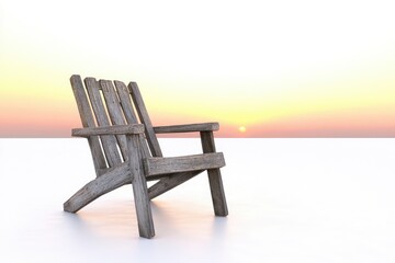 A weathered wooden Adirondack chair sits on a white beach at sunset, offering a serene and peaceful view.