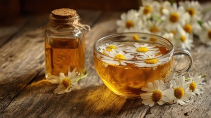 Fototapeta premium Delicate Chamomile Tea with Fresh Flowers in a Clear Glass Cup on Rustic Wooden Surface with Vintage Jar and Blossom Accents for Relaxation and Wellness