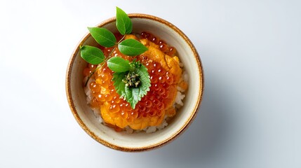 紫蘇の葉を添えた、色鮮やかなウニイクラ丼