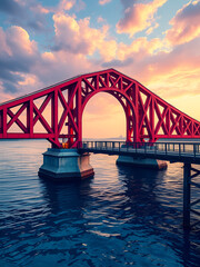 Fototapeta premium Vivid bridge spanning serene waters, artistic rendition in saturated hues