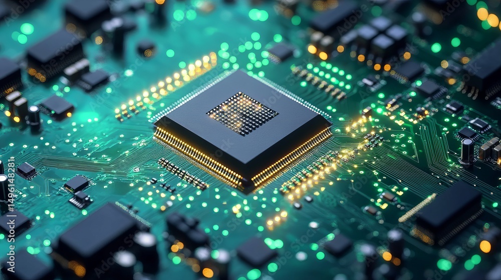 Poster high tech microchip circuit board technology digital electronic green modern innovation powerful pro
