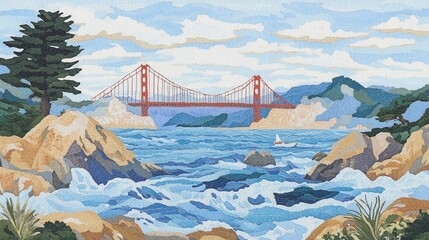 Fototapeta premium Colorful coastal scene with a bridge over the water.