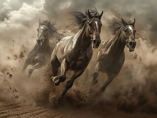  Three powerful horses running through dust with dramatic clouds
