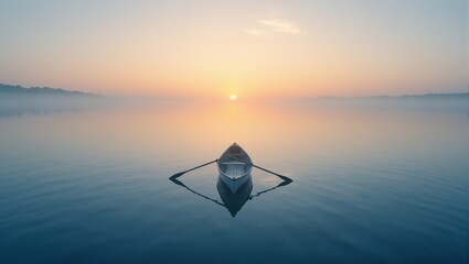 Tranquil sunrise scene on a calm lake with a rowboat and oars reflecting the serenity of early morning light