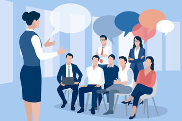 Business team listening to the female teacher. Education, presentation, learning, business vector illustration. The speech bubbles above the heads symbolizes discussion.