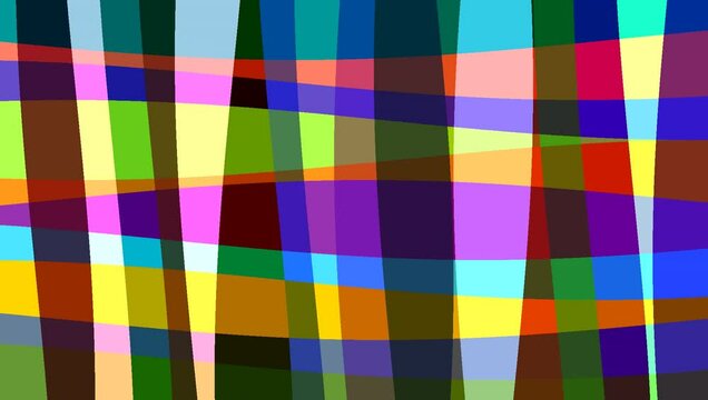Vibrant irregular color blocks and intersecting curved lines forming a dynamic distorted checkered pattern that grows and shrinks regularly in a seamless looping motion animation. Concept of visual  