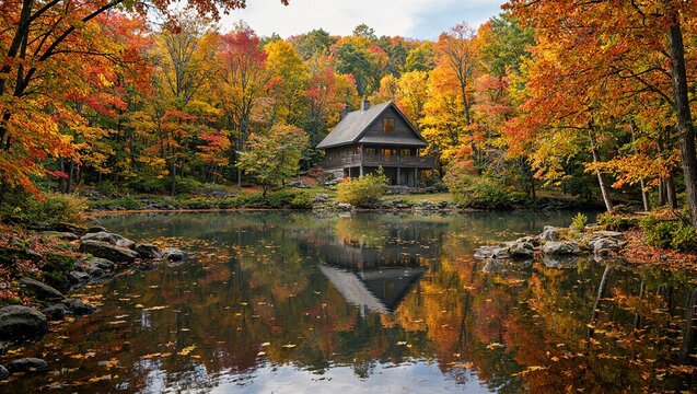 Tranquil cabin nestled by a lakeside in autumn vibrant leaves drifting on the calm water