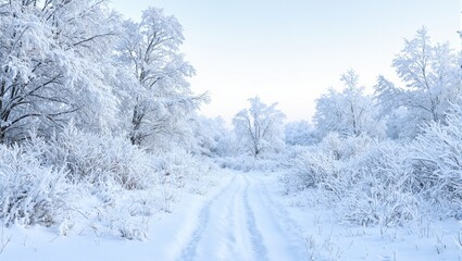 Obraz premium Tranquil winter scene snow covered forest under pale sky frosted branches serene ambiance with only soft footstep sounds