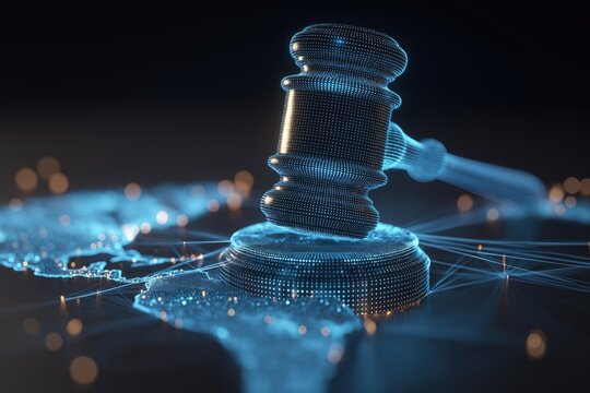 Virtual gavel striking a glowing world map, symbolizing global justice and the rise of AI technology