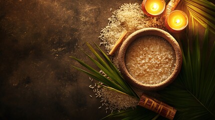 White rice in a rustic bowl, surrounded by natural elements.