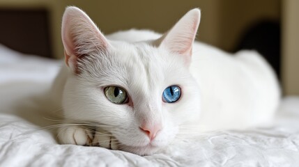 Unique white cat with heterochromia lounging comfortably on a soft bed