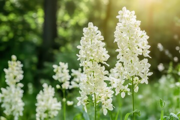Fototapeta premium Beautiful white flowers blooming in a sunny garden
