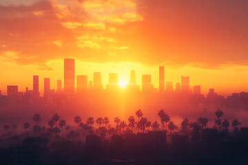 Los Angeles, La California, New York City, with Sunlight, Urban Skyline at Sunset with Vibrant Orange and Yellow Hue
