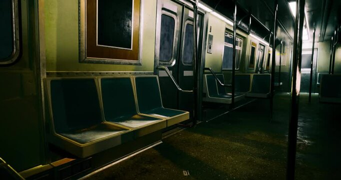 A darkened subway train interior features empty seats and a quiet atmosphere in the late evening hours. The age and style of the train create a nostalgic vibe.