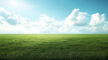 Fototapeta premium Expansive field of vibrant green grass under a vast, cloudy sky.