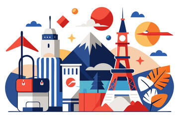 A vibrant flat vector illustration featuring a blue vintage suitcase adorned with various travel stickers and a passport, symbolizing global travel, adventure, tourism, and wanderlust.