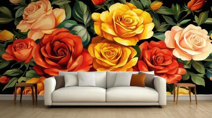 Vibrant floral design on a dark background, featuring roses in various shades.