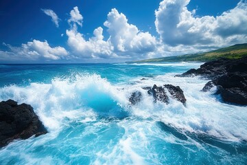 Fototapeta premium Stunning Ocean Waves Crashing on Rocky Shore